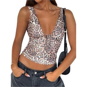 SOLY HUX Women's Leopard Print Crop Tank Top Tie Front Deep V Neck Y2k Party Tops in Kuwait