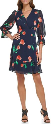 DKNY Women's V-Neck Balloon Sleeve Dress with Ruffle Hem, Navy/Raspberry Combo, 14 in Saudi Arabia