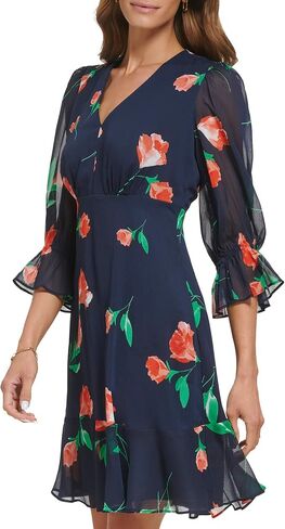 DKNY Women's V-Neck Balloon Sleeve Dress with Ruffle Hem, Navy/Raspberry Combo, 14 in Saudi Arabia