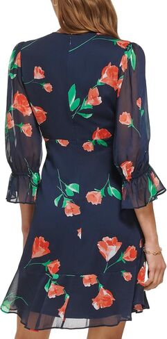 DKNY Women's V-Neck Balloon Sleeve Dress with Ruffle Hem, Navy/Raspberry Combo, 14 in Saudi Arabia