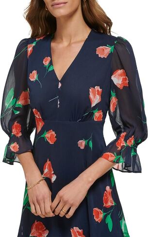 DKNY Women's V-Neck Balloon Sleeve Dress with Ruffle Hem, Navy/Raspberry Combo, 14 in Saudi Arabia