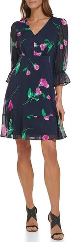 DKNY Women's V-Neck Balloon Sleeve Dress with Ruffle Hem, Navy/Raspberry Combo, 14 in Saudi Arabia