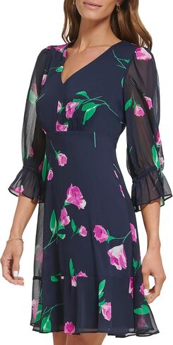 DKNY Women's V-Neck Balloon Sleeve Dress with Ruffle Hem, Navy/Raspberry Combo, 14 in Saudi Arabia