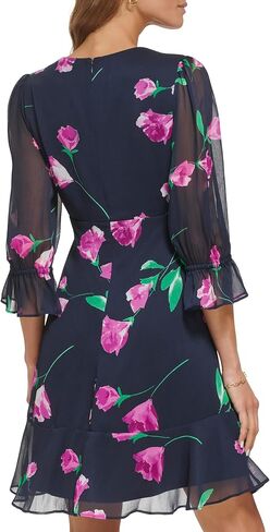 DKNY Women's V-Neck Balloon Sleeve Dress with Ruffle Hem, Navy/Raspberry Combo, 14 in Saudi Arabia