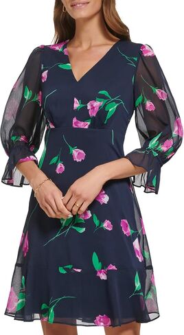 DKNY Women's V-Neck Balloon Sleeve Dress with Ruffle Hem, Navy/Raspberry Combo, 14 in Saudi Arabia