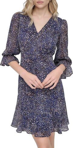 DKNY Women's V-Neck Balloon Sleeve Dress with Ruffle Hem, Navy/Raspberry Combo, 14 in Saudi Arabia