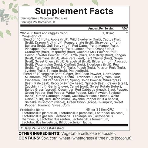 Micro Ingredients Fruit and Veggies Supplement with Probiotics, 240 Vegetarian Capsules | 80+ Fruits & Veggies Superfood Blend | Fresh Super Greens with Probiotic for Immune & Digestive Health in Saudi Arabia