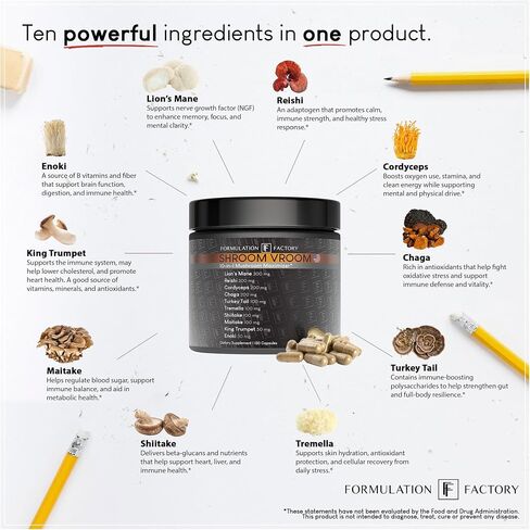 Shroom Vroom 10-in-1 Mushroom Supplement, Lion’s Mane, Reishi, Cordyceps, Chaga, Turkey Tail, Tremella, Shiitake, Maitake, Cognition, Immune, Energy, Vitality, Focus, Brain in Saudi Arabia