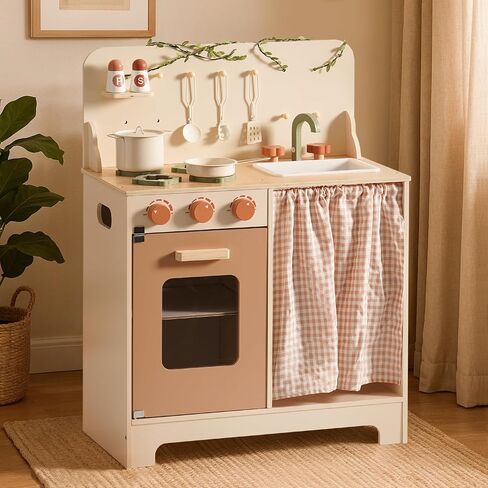 ROBOTIME Play Kitchen Toy Fridge - Wooden Toy Refrigerator with Accessories, Pretend Play Kitchen Set for Kids & Toddlers, Freezer with Play Food for Ages 3+ (Creamy Rustic Style) in Saudi Arabia