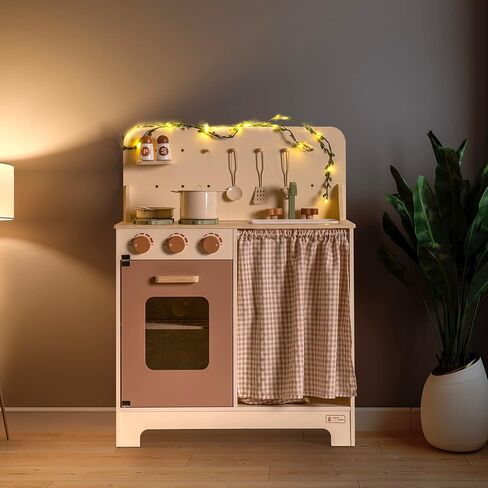 ROBOTIME Play Kitchen Toy Fridge - Wooden Toy Refrigerator with Accessories, Pretend Play Kitchen Set for Kids & Toddlers, Freezer with Play Food for Ages 3+ (Creamy Rustic Style) in Saudi Arabia