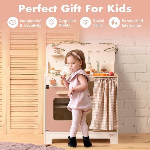 ROBOTIME Play Kitchen Toy Fridge - Wooden Toy Refrigerator with Accessories, Pretend Play Kitchen Set for Kids & Toddlers, Freezer with Play Food for Ages 3+ (Creamy Rustic Style) in Saudi Arabia