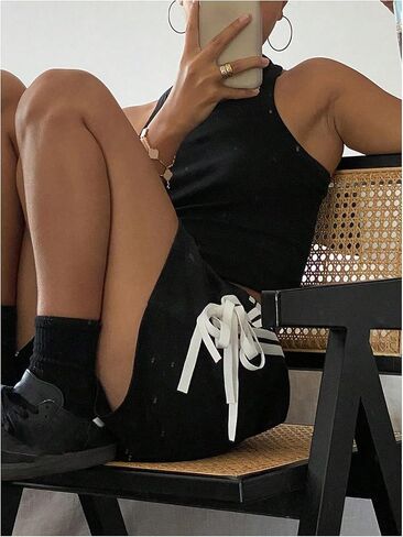 Verdusa Women's Striped Bow Tie Sweat Shorts Loose Straight Leg Athletic Shorts in Saudi Arabia