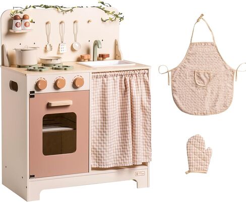 ROBOTIME Play Kitchen Toy Fridge - Wooden Toy Refrigerator with Accessories, Pretend Play Kitchen Set for Kids & Toddlers, Freezer with Play Food for Ages 3+ (Creamy Rustic Style) in Saudi Arabia
