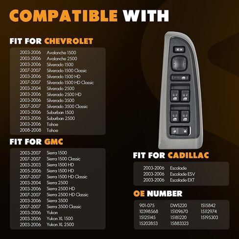 158833323 قفل الباب الجانبي الأمامي ومفتاح نافذة الطاقة وغطاء إطار رمادي يناسب 2003-2008 CHEVY AVALANCHE SILVERADAD SIVARODAD TAHOE GMC YUKON SIERA YUKON XL CADILLAC ESCALADE ، 901-075 in Kuwait