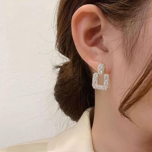 Geometric CZ Drop Earrings for Women – Elegant French Style Teardrop and Square Dangling Earrings with 925 Silver Posts in Saudi Arabia