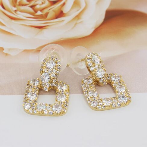 Geometric CZ Drop Earrings for Women – Elegant French Style Teardrop and Square Dangling Earrings with 925 Silver Posts in Saudi Arabia