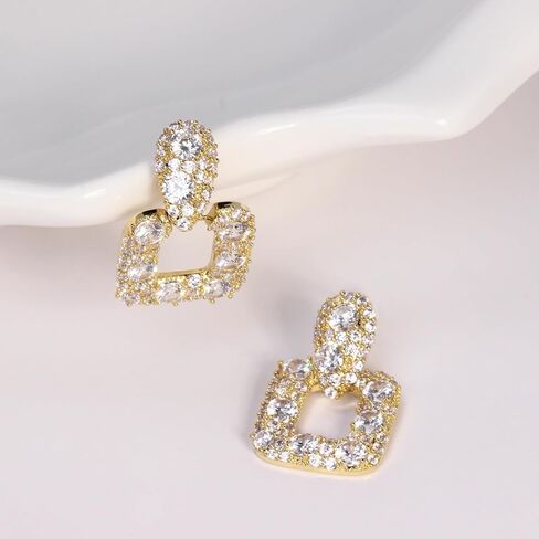 Geometric CZ Drop Earrings for Women – Elegant French Style Teardrop and Square Dangling Earrings with 925 Silver Posts in Saudi Arabia