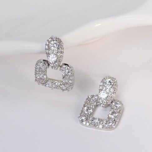Geometric CZ Drop Earrings for Women – Elegant French Style Teardrop and Square Dangling Earrings with 925 Silver Posts in Saudi Arabia