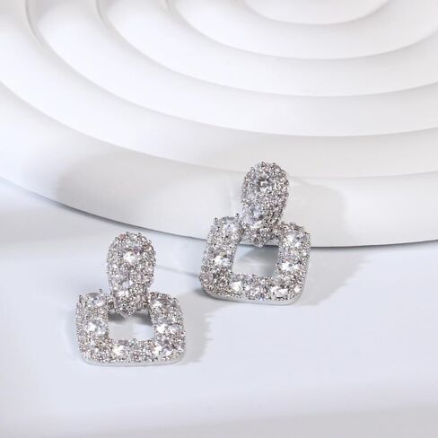 Geometric CZ Drop Earrings for Women – Elegant French Style Teardrop and Square Dangling Earrings with 925 Silver Posts in Saudi Arabia