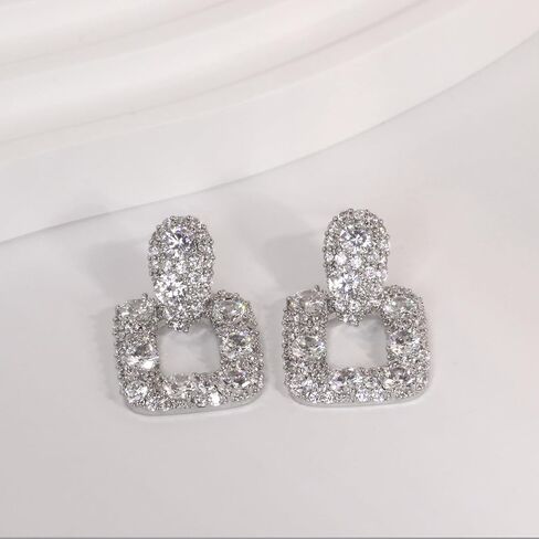 Geometric CZ Drop Earrings for Women – Elegant French Style Teardrop and Square Dangling Earrings with 925 Silver Posts in Saudi Arabia