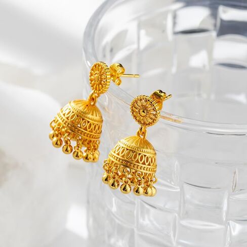 الذهب الهندي jhumki bell بيان عتيقة الأقراط للنساء الرجعية العرقية البوهيمية hollow jhumka جولة أجراس الشراكيل dangl دقة بوليوود التقليدية بوهو غجر الأزرار المجوهرات الهدية in Saudi Arabia