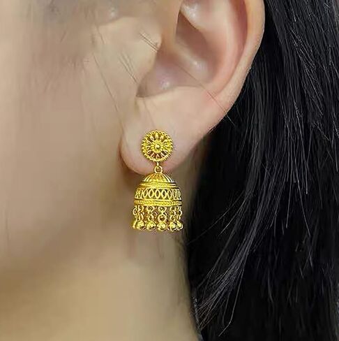 الذهب الهندي jhumki bell بيان عتيقة الأقراط للنساء الرجعية العرقية البوهيمية hollow jhumka جولة أجراس الشراكيل dangl دقة بوليوود التقليدية بوهو غجر الأزرار المجوهرات الهدية in Saudi Arabia