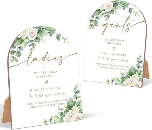 2 Pack White Rose Bathroom Basket Ladies & Gents Signs For Wedding, Wedding Ceremony, 6 x 8 Inch Arch Wooden Tabletop Sign with Stand, Reception Decoration, Party Supplies (BJ12) in Saudi Arabia