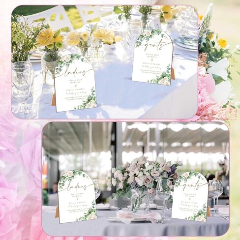 2 Pack White Rose Bathroom Basket Ladies & Gents Signs For Wedding, Wedding Ceremony, 6 x 8 Inch Arch Wooden Tabletop Sign with Stand, Reception Decoration, Party Supplies (BJ12) in Saudi Arabia