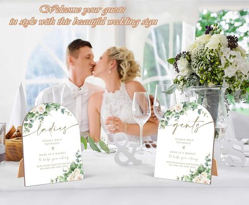 2 Pack White Rose Bathroom Basket Ladies & Gents Signs For Wedding, Wedding Ceremony, 6 x 8 Inch Arch Wooden Tabletop Sign with Stand, Reception Decoration, Party Supplies (BJ12) in Saudi Arabia