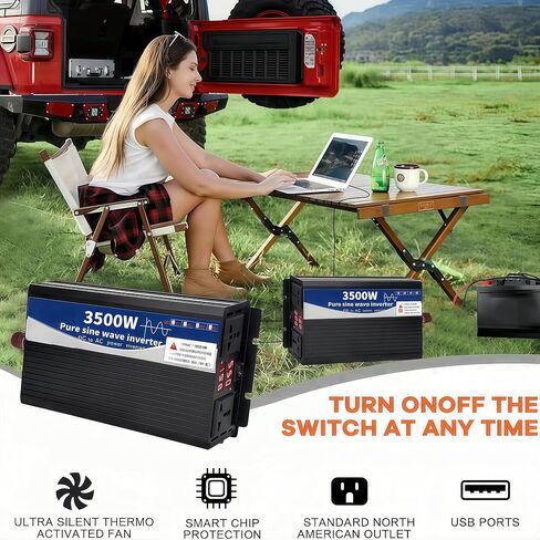3500W POWER UNVERTER 72V DC إلى 110 فولت AC مع شاشة LED منافذ AC مزدوجة المعجبين المزدوجة التي تشع ل RV و CAMP والقوارب والطوارئ المحمولة محمولة محمولة موجة الجيب النقي (شاشة LED ، 3500W 72V) in Kuwait