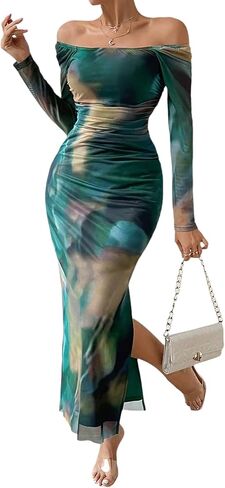 Women's Long Sleeve Off Shoulder Maxi Dress Mesh Square Neck Tie Dye Ruched Bodycon Wedding Guest Dresses in Kuwait