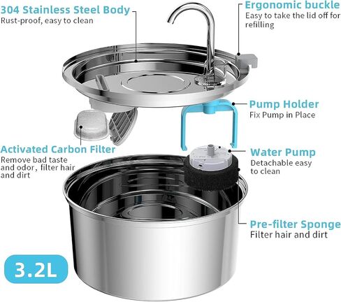 Wireless Cat Water Fountain - 108oz/3.2L Automatic Cat Water Fountain Cordless, Stainless Steel Battery Operated Pet Fountain Rechargeable Water Dispenser for Cats, Dogs, Multiple Pets in Saudi Arabia