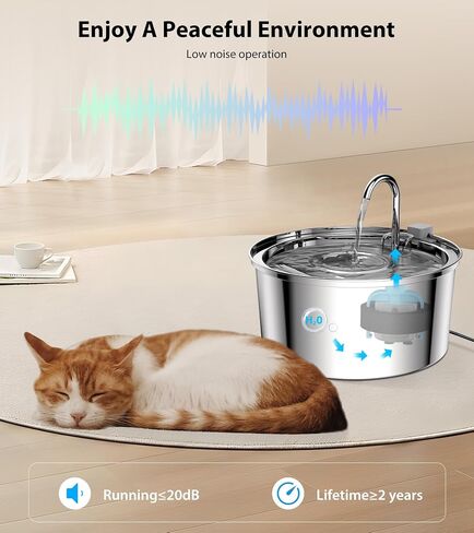 Wireless Cat Water Fountain - 108oz/3.2L Automatic Cat Water Fountain Cordless, Stainless Steel Battery Operated Pet Fountain Rechargeable Water Dispenser for Cats, Dogs, Multiple Pets in Saudi Arabia