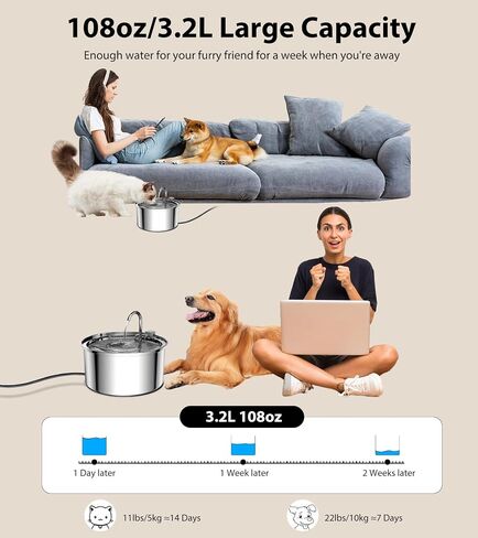 Wireless Cat Water Fountain - 108oz/3.2L Automatic Cat Water Fountain Cordless, Stainless Steel Battery Operated Pet Fountain Rechargeable Water Dispenser for Cats, Dogs, Multiple Pets in Saudi Arabia