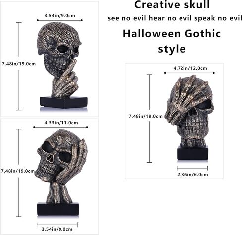 Black and Gold Speak No Evil Skull Sculpture – Gothic Halloween Figurine for Shelf or Desk, Resin Bronze Skeleton Statue for Goth Weird Home Decor, Dark Academia Office Spooky Accent in Saudi Arabia