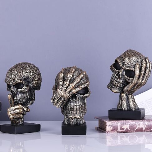 Black and Gold Speak No Evil Skull Sculpture – Gothic Halloween Figurine for Shelf or Desk, Resin Bronze Skeleton Statue for Goth Weird Home Decor, Dark Academia Office Spooky Accent in Saudi Arabia