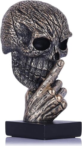 Black and Gold Speak No Evil Skull Sculpture – Gothic Halloween Figurine for Shelf or Desk, Resin Bronze Skeleton Statue for Goth Weird Home Decor, Dark Academia Office Spooky Accent in Saudi Arabia