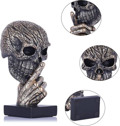 Black and Gold Speak No Evil Skull Sculpture – Gothic Halloween Figurine for Shelf or Desk, Resin Bronze Skeleton Statue for Goth Weird Home Decor, Dark Academia Office Spooky Accent in Saudi Arabia