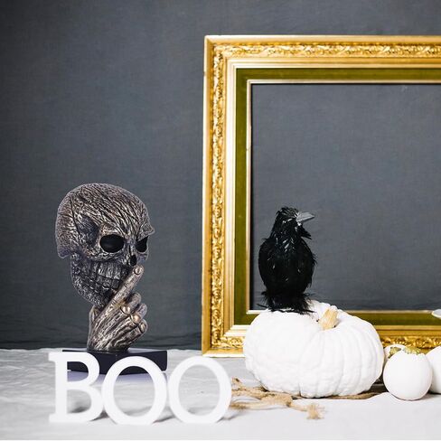 Black and Gold Speak No Evil Skull Sculpture – Gothic Halloween Figurine for Shelf or Desk, Resin Bronze Skeleton Statue for Goth Weird Home Decor, Dark Academia Office Spooky Accent in Saudi Arabia