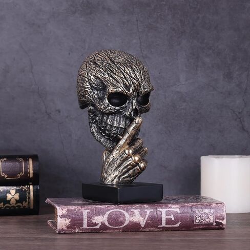 Black and Gold Speak No Evil Skull Sculpture – Gothic Halloween Figurine for Shelf or Desk, Resin Bronze Skeleton Statue for Goth Weird Home Decor, Dark Academia Office Spooky Accent in Saudi Arabia