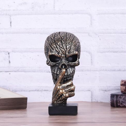 Black and Gold Speak No Evil Skull Sculpture – Gothic Halloween Figurine for Shelf or Desk, Resin Bronze Skeleton Statue for Goth Weird Home Decor, Dark Academia Office Spooky Accent in Saudi Arabia