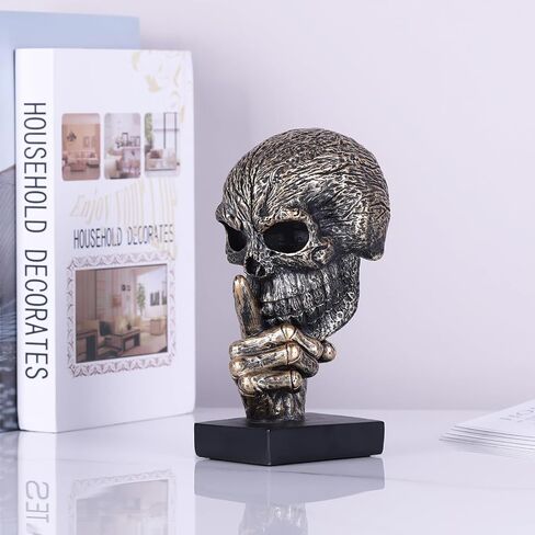 Black and Gold Speak No Evil Skull Sculpture – Gothic Halloween Figurine for Shelf or Desk, Resin Bronze Skeleton Statue for Goth Weird Home Decor, Dark Academia Office Spooky Accent in Saudi Arabia