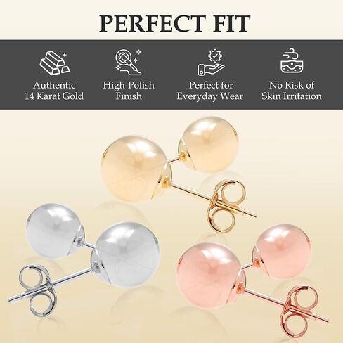 A & M 3 Pack 14K Gold Ball Stud أقراط - أقراط ذهبية خفيفة الوزن للنساء - مريحة لارتداء اليابسة اليومية مع Post Post آمنة - أحجام 3 مم - 5 مم in Saudi Arabia