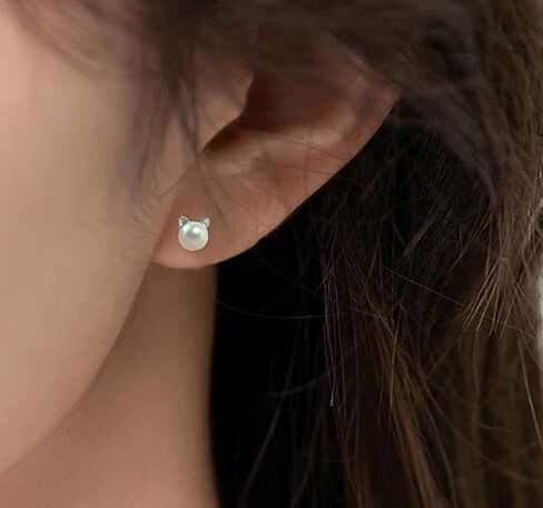 Small Mini Cat Earrings, Hypoallergenic Cute Pearl Stud Earrings for Women, Silver in Saudi Arabia