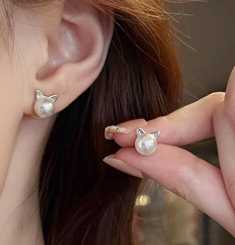 Small Mini Cat Earrings, Hypoallergenic Cute Pearl Stud Earrings for Women, Silver in Saudi Arabia