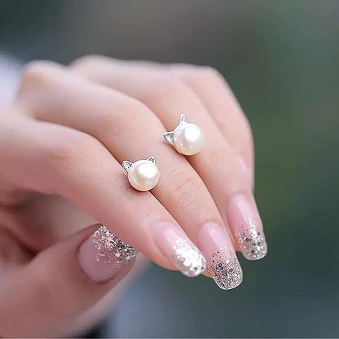 Small Mini Cat Earrings, Hypoallergenic Cute Pearl Stud Earrings for Women, Silver in Saudi Arabia