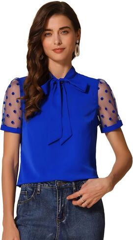 Allegra K Women's Bow Tie Neck V Neck Stand Collar Short Mesh Sleeve Blouse in Kuwait