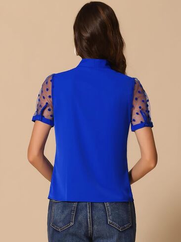 Allegra K Women's Bow Tie Neck V Neck Stand Collar Short Mesh Sleeve Blouse in Kuwait