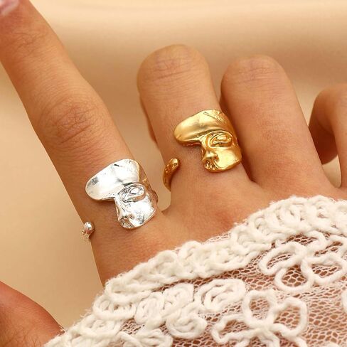 Vintage Abstract Human Face Rings Unique Mask Half Face Band Rings Open Adjustable Sculpture Statement Ring Gold Geometric Knuckle Jewelry for Women in Kuwait