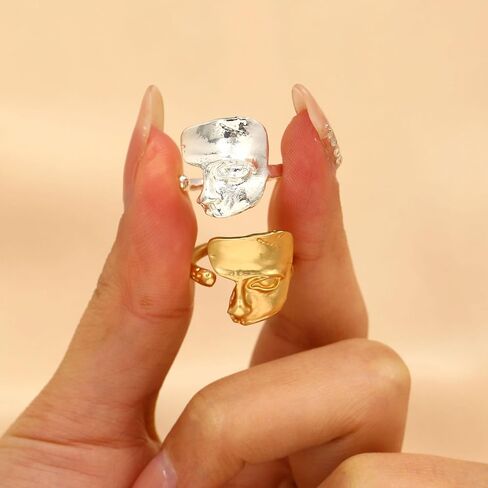 Vintage Abstract Human Face Rings Unique Mask Half Face Band Rings Open Adjustable Sculpture Statement Ring Gold Geometric Knuckle Jewelry for Women in Kuwait